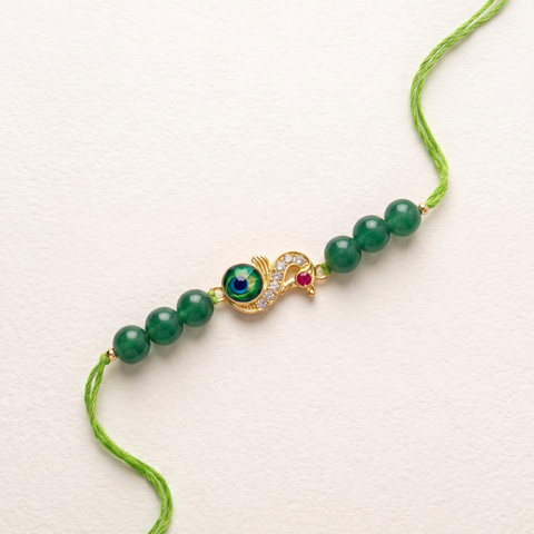 Green Aventurine Peacock Rakhi - Premium Healing Crystal Bracelet for Health & Balance