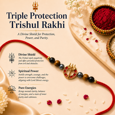 Triple Protection Trishul Rakhi - Hematite, Tiger Eye & Obsidian Crystal Bracelet