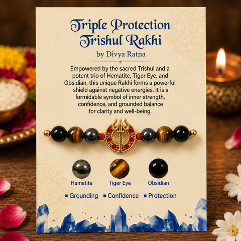 Triple Protection Trishul Rakhi - Hematite, Tiger Eye & Obsidian Crystal Bracelet