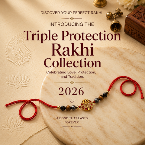 Triple Protection Trishul Rakhi - Hematite, Tiger Eye & Obsidian Crystal Bracelet