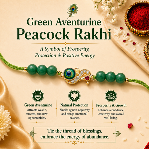 Green Aventurine Peacock Rakhi - Premium Healing Crystal Bracelet for Health & Balance
