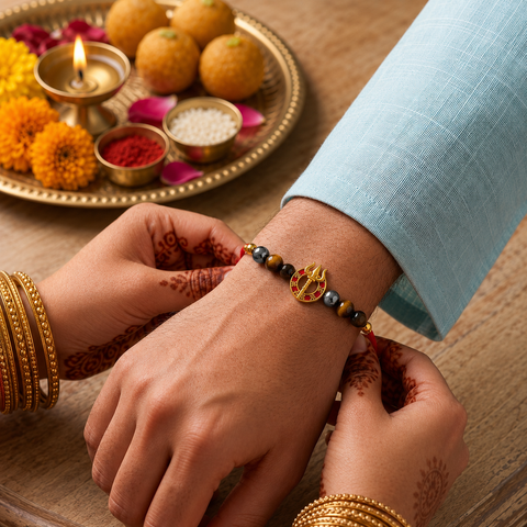Triple Protection Trishul Rakhi - Hematite, Tiger Eye & Obsidian Crystal Bracelet