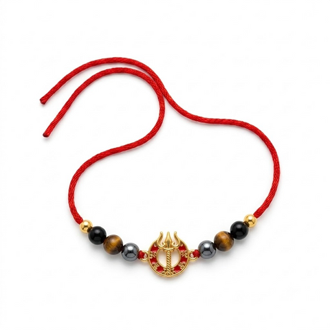 Triple Protection Trishul Rakhi - Hematite, Tiger Eye & Obsidian Crystal Bracelet