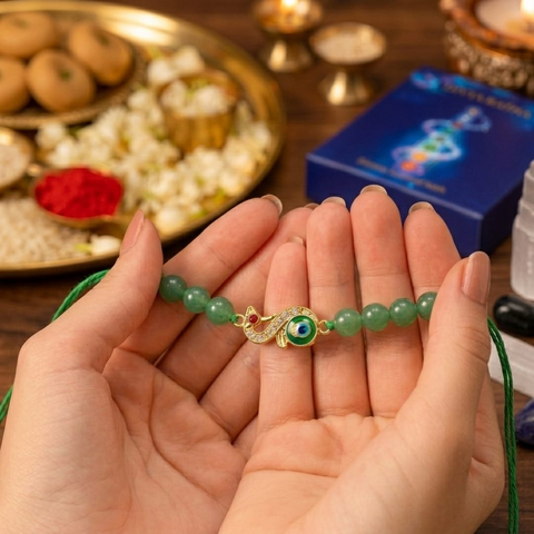 Green Aventurine Peacock Rakhi - Premium Healing Crystal Bracelet for Health & Balance