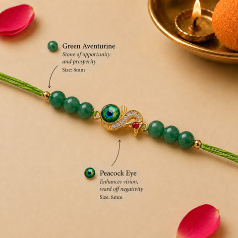 Green Aventurine Peacock Rakhi - Premium Healing Crystal Bracelet for Health & Balance