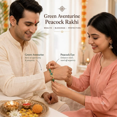 Green Aventurine Peacock Rakhi - Premium Healing Crystal Bracelet for Health & Balance