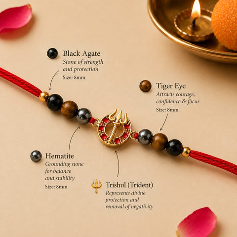 Triple Protection Trishul Rakhi - Hematite, Tiger Eye & Obsidian Crystal Bracelet