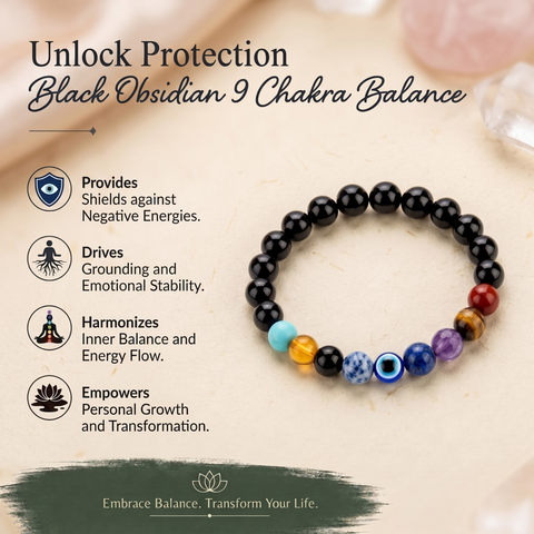 Black Obsidian 9 Chakra Bracelet – Protection, Balance & Positive Energy