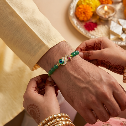 Green Aventurine Peacock Rakhi - Premium Healing Crystal Bracelet for Health & Balance