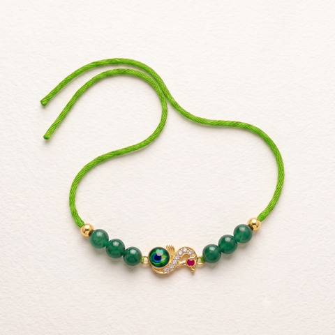 Green Aventurine Peacock Rakhi - Premium Healing Crystal Bracelet for Health & Balance